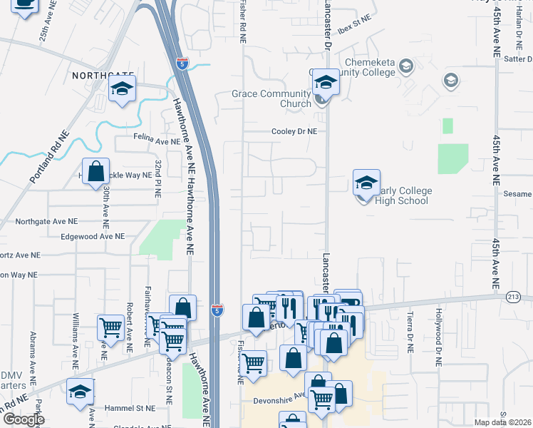 map of restaurants, bars, coffee shops, grocery stores, and more near 3658 Fisher Road Northeast in Salem