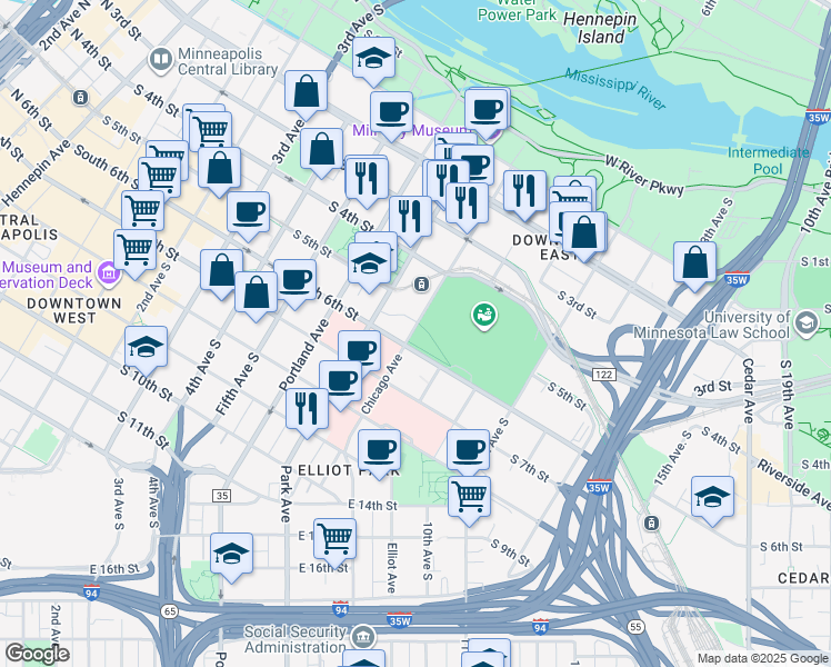 map of restaurants, bars, coffee shops, grocery stores, and more near 806 South 6th Street in Minneapolis