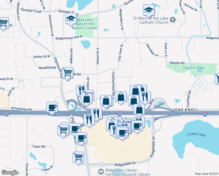 map of restaurants, bars, coffee shops, grocery stores, and more near 12569 Wayzata Boulevard in Minnetonka