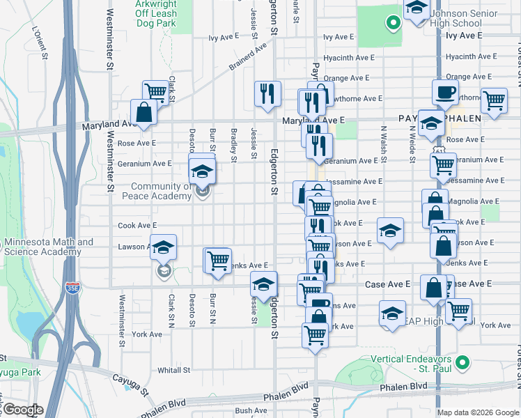 map of restaurants, bars, coffee shops, grocery stores, and more near 1053 Edgerton Street in Saint Paul