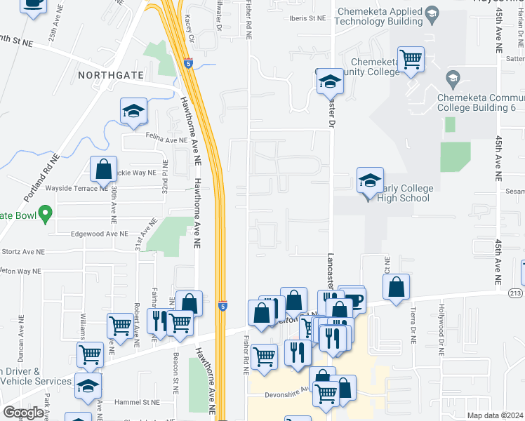 map of restaurants, bars, coffee shops, grocery stores, and more near 3625 White Oak Court Northeast in Salem