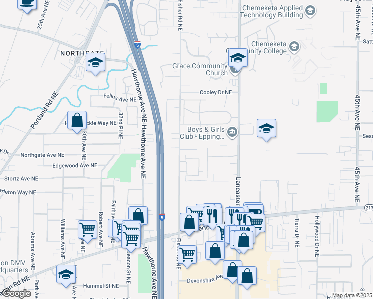 map of restaurants, bars, coffee shops, grocery stores, and more near 3684 Fisher Road Northeast in Salem