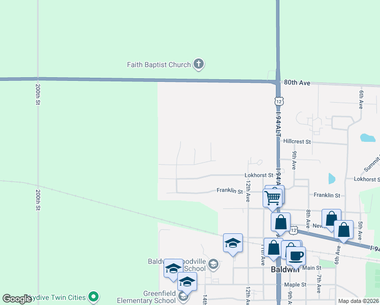 map of restaurants, bars, coffee shops, grocery stores, and more near 1449 Summit Street in Baldwin