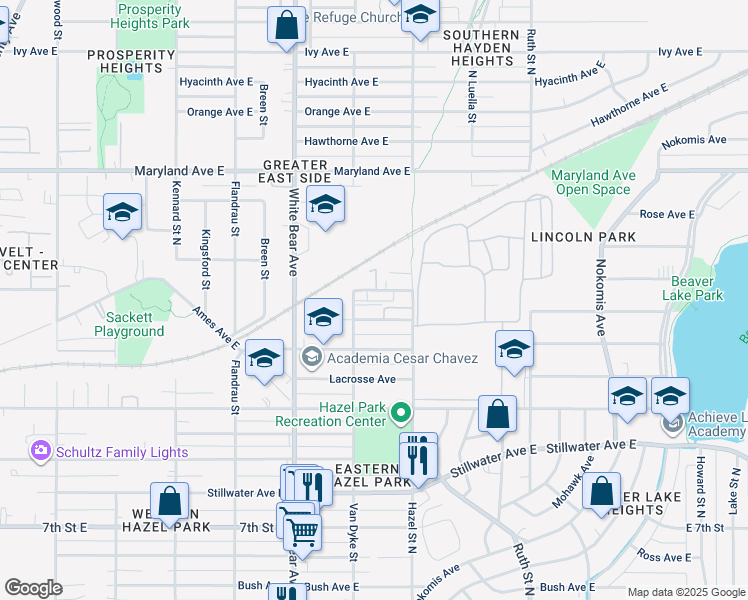 map of restaurants, bars, coffee shops, grocery stores, and more near 1840 East Mechanic Avenue in Saint Paul