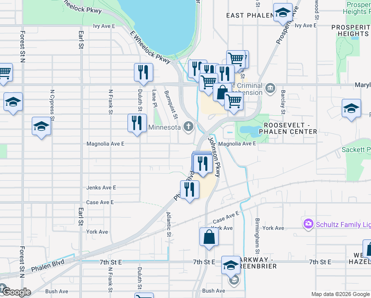 map of restaurants, bars, coffee shops, grocery stores, and more near 1269 Cook Avenue in Saint Paul