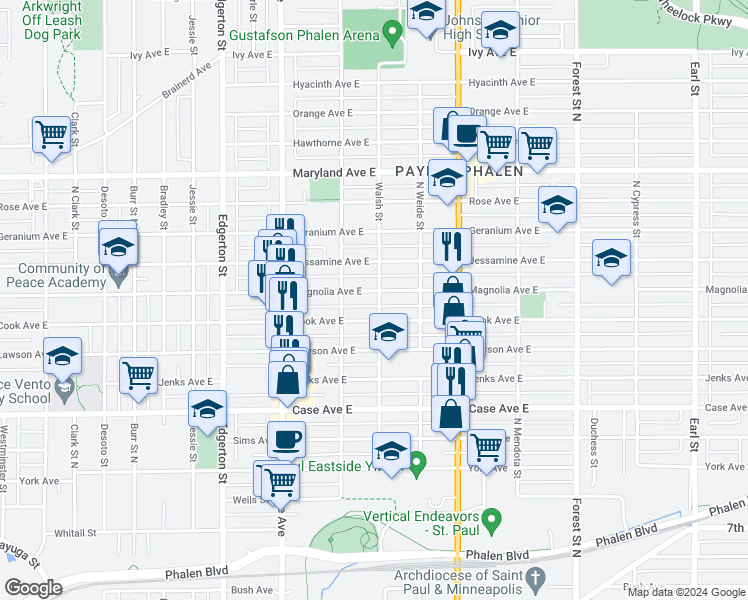 map of restaurants, bars, coffee shops, grocery stores, and more near 743 Cook Avenue in Saint Paul