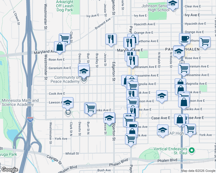 map of restaurants, bars, coffee shops, grocery stores, and more near 1053 Edgerton Street in Saint Paul