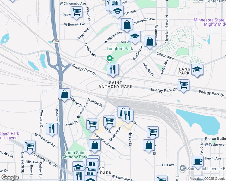 map of restaurants, bars, coffee shops, grocery stores, and more near 15 Tainter Avenue in Saint Paul