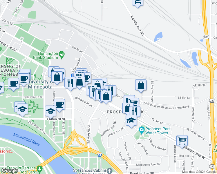map of restaurants, bars, coffee shops, grocery stores, and more near 2727 4th Street Southeast in Minneapolis