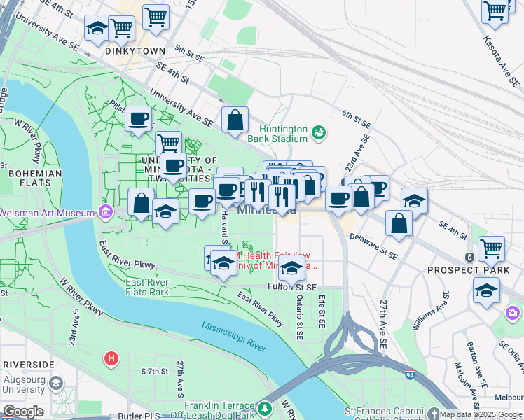 map of restaurants, bars, coffee shops, grocery stores, and more near 315 Walnut Street Southeast in Minneapolis