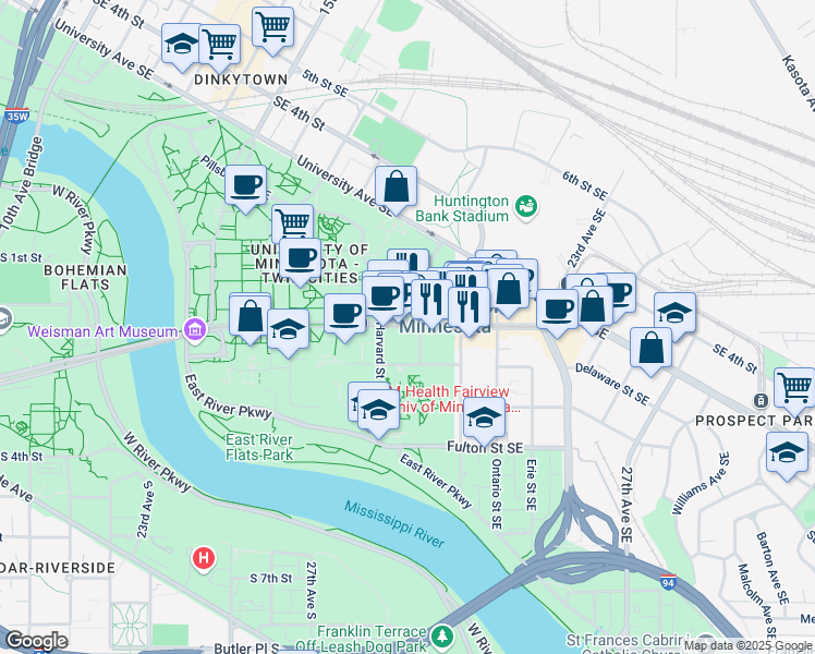 map of restaurants, bars, coffee shops, grocery stores, and more near 659 Delaware Street Southeast in Minneapolis