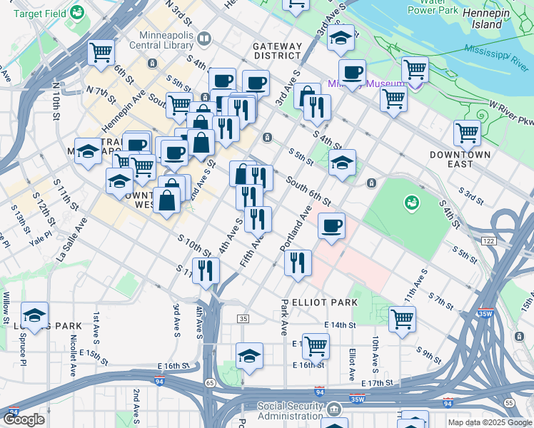 map of restaurants, bars, coffee shops, grocery stores, and more near 510 South 8th Street in Minneapolis