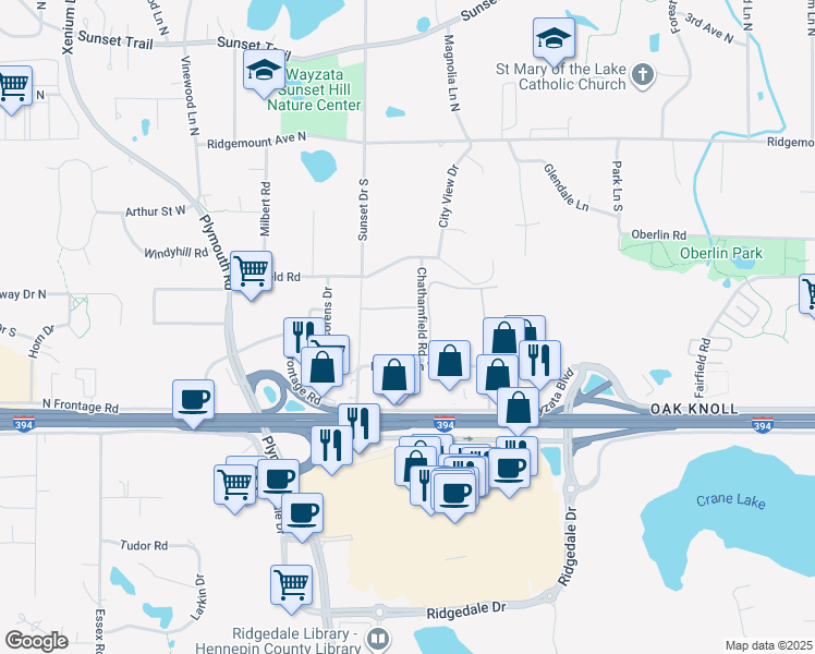 map of restaurants, bars, coffee shops, grocery stores, and more near 12569 Wayzata Boulevard in Minnetonka