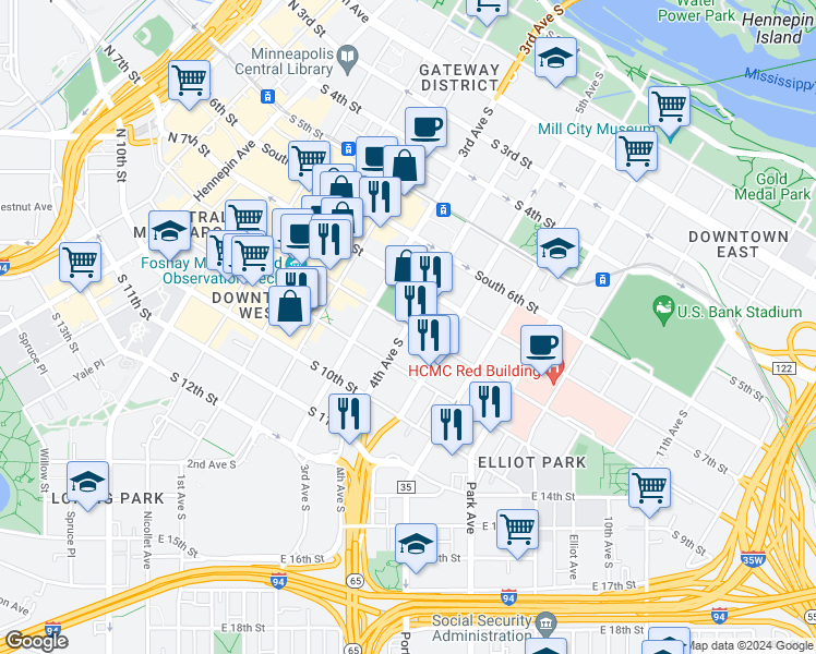 map of restaurants, bars, coffee shops, grocery stores, and more near S 4th Ave & 8th St S in Minneapolis