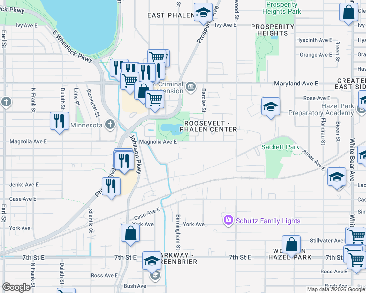 map of restaurants, bars, coffee shops, grocery stores, and more near 1456 East Magnolia Avenue in Saint Paul