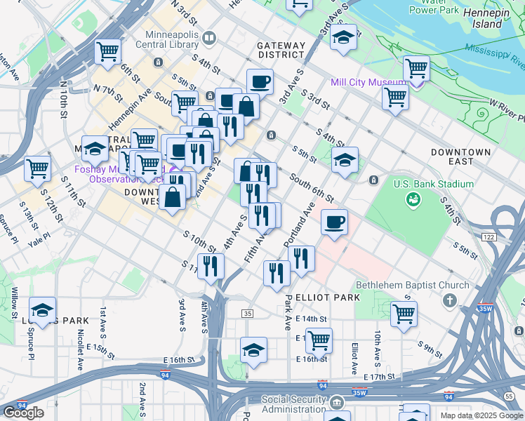 map of restaurants, bars, coffee shops, grocery stores, and more near 405 South 8th Street in Minneapolis