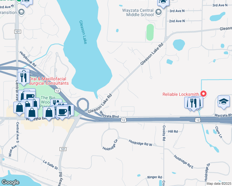 map of restaurants, bars, coffee shops, grocery stores, and more near 190 Gleason Lake Road in Wayzata