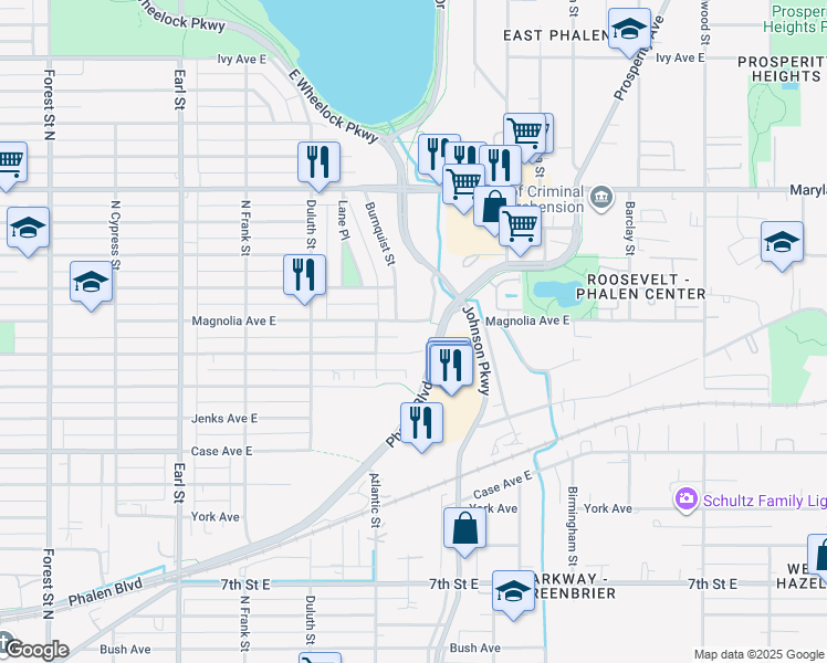 map of restaurants, bars, coffee shops, grocery stores, and more near 1269 Cook Avenue in Saint Paul