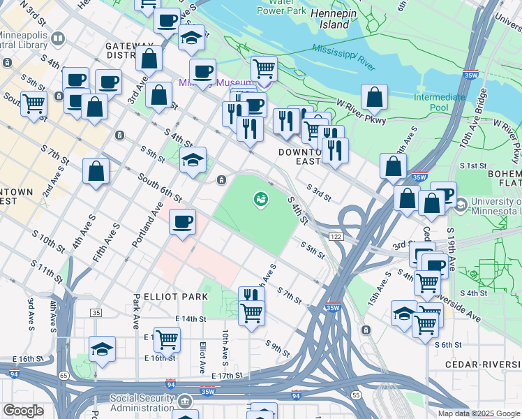 map of restaurants, bars, coffee shops, grocery stores, and more near 401 Chicago Avenue in Minneapolis