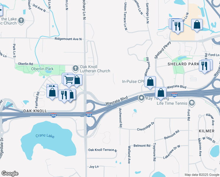 map of restaurants, bars, coffee shops, grocery stores, and more near 10900 Wayzata Boulevard in Hopkins