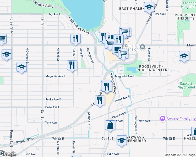 map of restaurants, bars, coffee shops, grocery stores, and more near 1269 Cook Avenue in Saint Paul