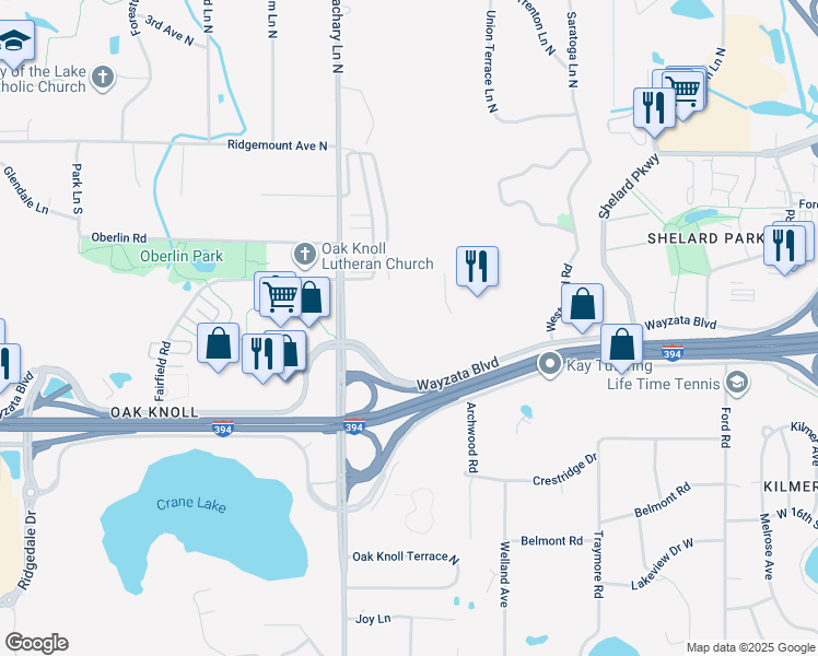 map of restaurants, bars, coffee shops, grocery stores, and more near 11100 Wayzata Boulevard in Minnetonka