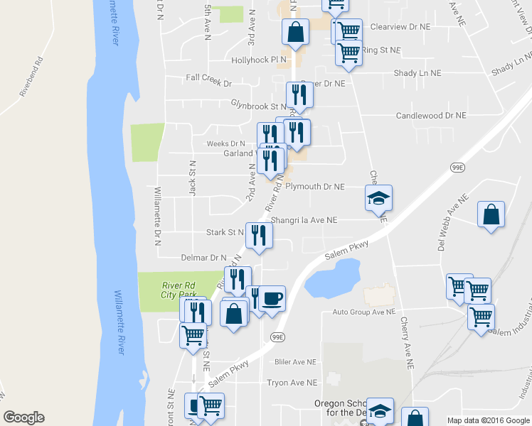 map of restaurants, bars, coffee shops, grocery stores, and more near 3303 River Road North in Keizer