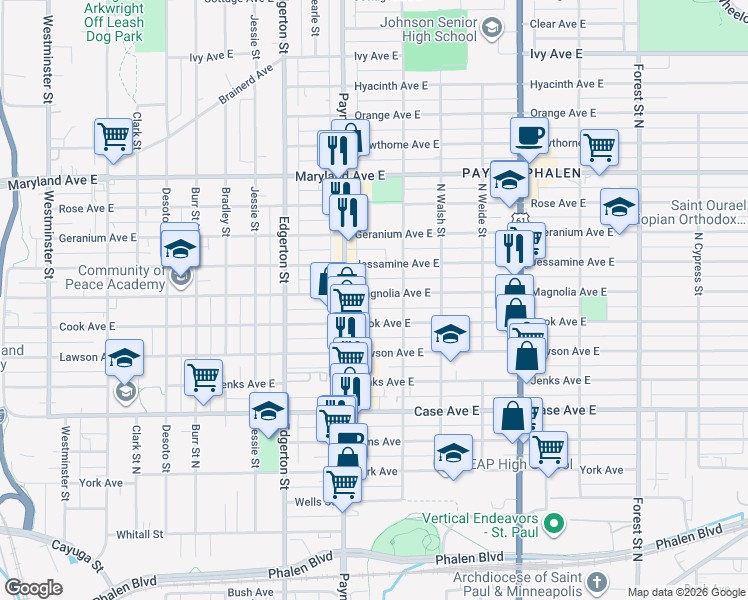map of restaurants, bars, coffee shops, grocery stores, and more near 672 Magnolia Avenue East in Saint Paul