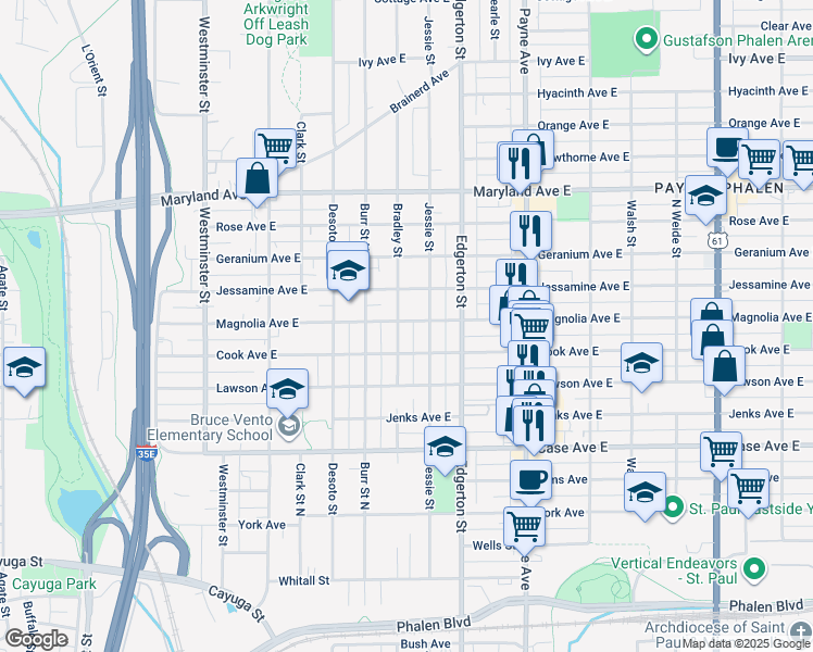 map of restaurants, bars, coffee shops, grocery stores, and more near 1054 Bradley Street in Saint Paul