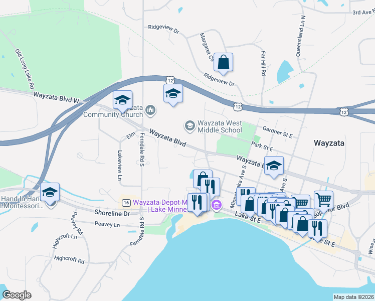 map of restaurants, bars, coffee shops, grocery stores, and more near 215 Barry Avenue in Wayzata
