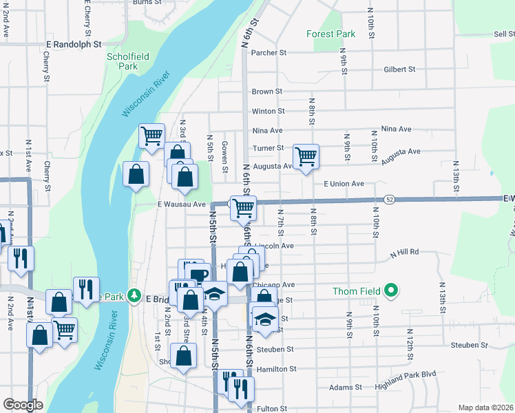 map of restaurants, bars, coffee shops, grocery stores, and more near 532 Park Avenue in Wausau