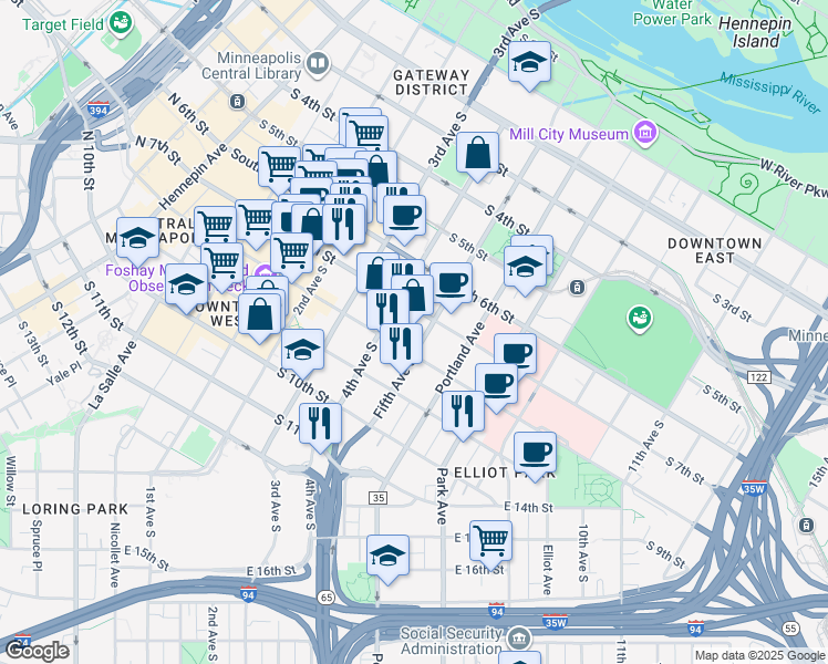 map of restaurants, bars, coffee shops, grocery stores, and more near 433 South 7th Street in Minneapolis