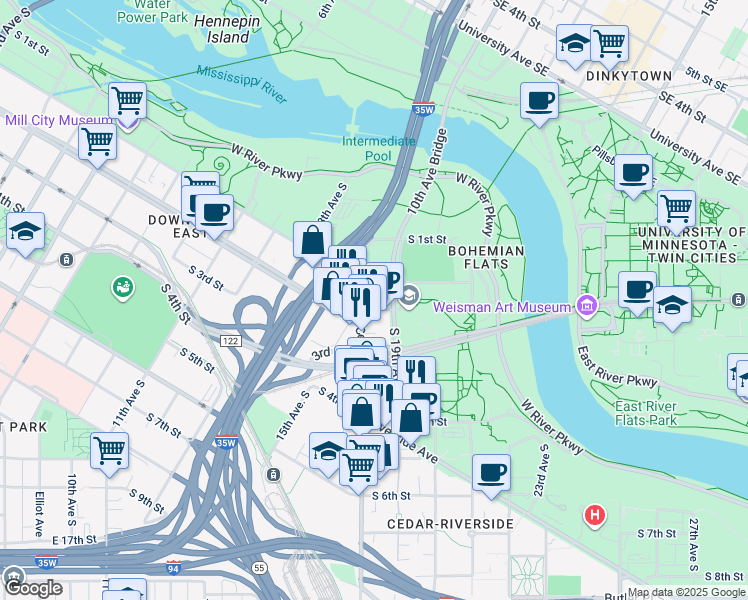 map of restaurants, bars, coffee shops, grocery stores, and more near 1825 South Washington Avenue in Minneapolis
