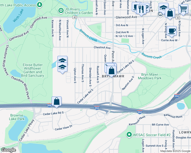 map of restaurants, bars, coffee shops, grocery stores, and more near 415 Sheridan Avenue South in Minneapolis