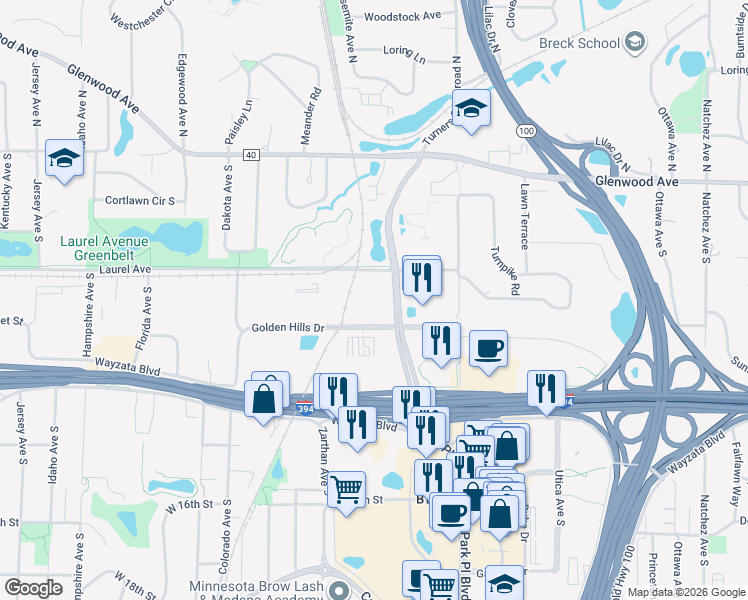 map of restaurants, bars, coffee shops, grocery stores, and more near in Golden Valley