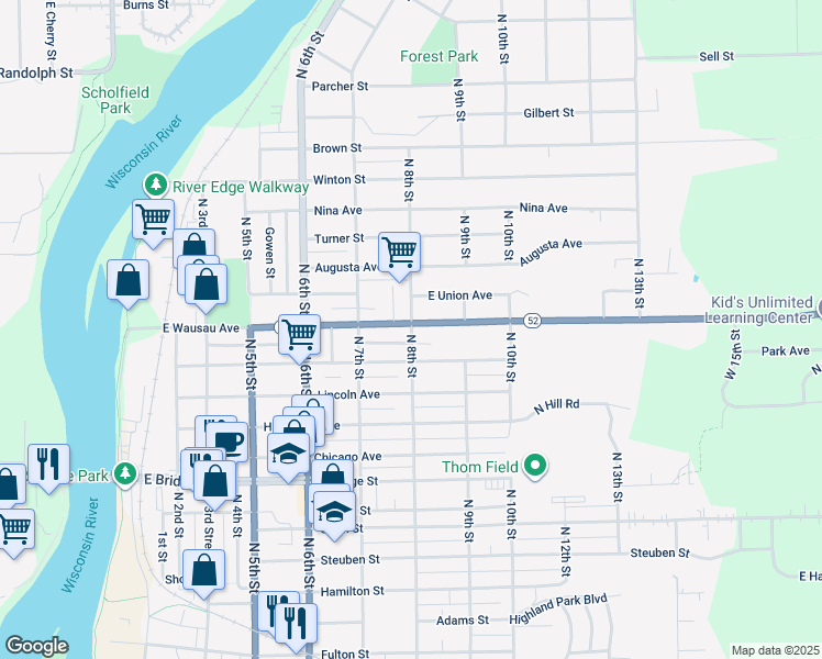 map of restaurants, bars, coffee shops, grocery stores, and more near 795 East Wausau Avenue in Wausau