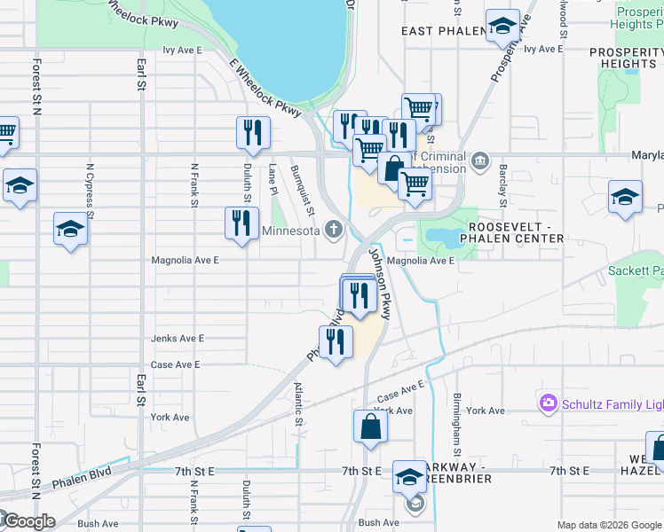 map of restaurants, bars, coffee shops, grocery stores, and more near 1272 Magnolia Avenue East in Saint Paul