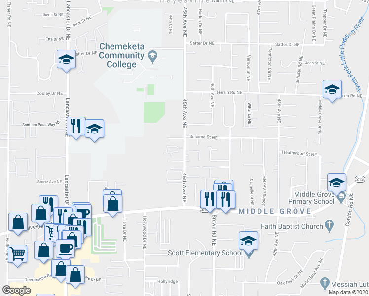 map of restaurants, bars, coffee shops, grocery stores, and more near 45th Ave NE & Pacifica Way NE in Hayesville