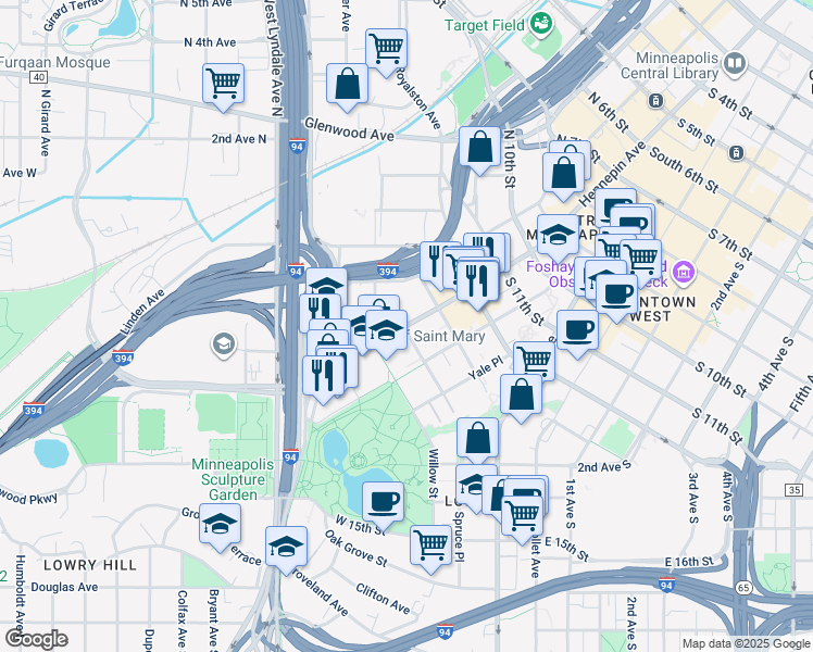 map of restaurants, bars, coffee shops, grocery stores, and more near 1254 Hennepin Avenue in Minneapolis