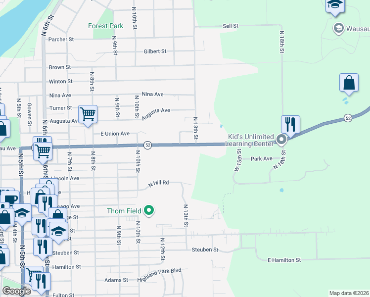 map of restaurants, bars, coffee shops, grocery stores, and more near 1243 East Wausau Avenue in Wausau
