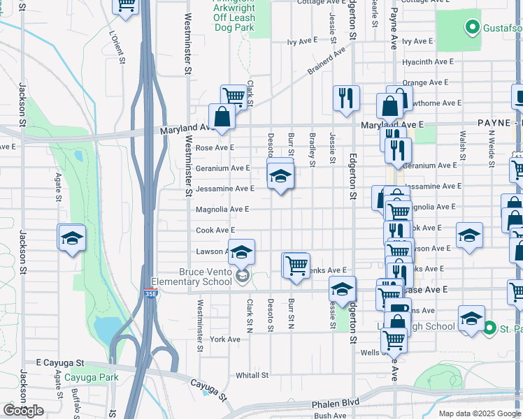 map of restaurants, bars, coffee shops, grocery stores, and more near in Saint Paul