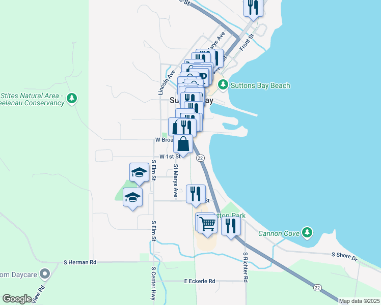 map of restaurants, bars, coffee shops, grocery stores, and more near Cedar Street in Suttons Bay