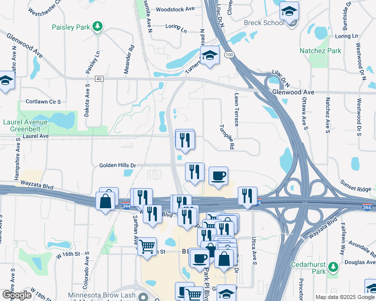 map of restaurants, bars, coffee shops, grocery stores, and more near 701 Xenia Avenue South in Minneapolis
