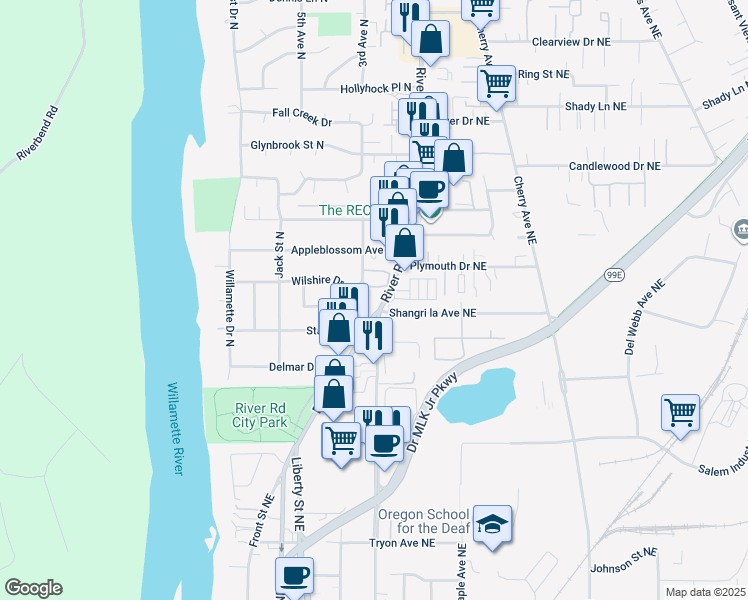 map of restaurants, bars, coffee shops, grocery stores, and more near 3357 River Road North in Salem