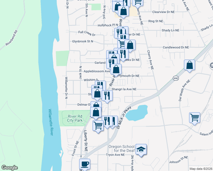 map of restaurants, bars, coffee shops, grocery stores, and more near 3357 River Road North in Salem