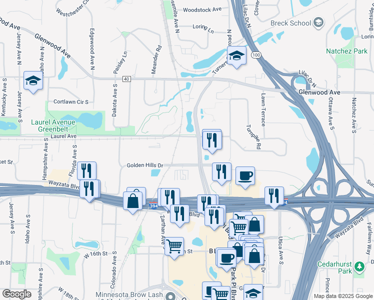 map of restaurants, bars, coffee shops, grocery stores, and more near 700 Xenia Avenue South in Minneapolis