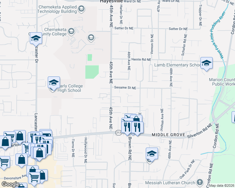 map of restaurants, bars, coffee shops, grocery stores, and more near 3813 Dustin Court Northeast in Salem