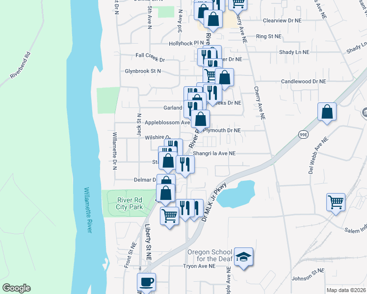 map of restaurants, bars, coffee shops, grocery stores, and more near 3357 River Road North in Salem