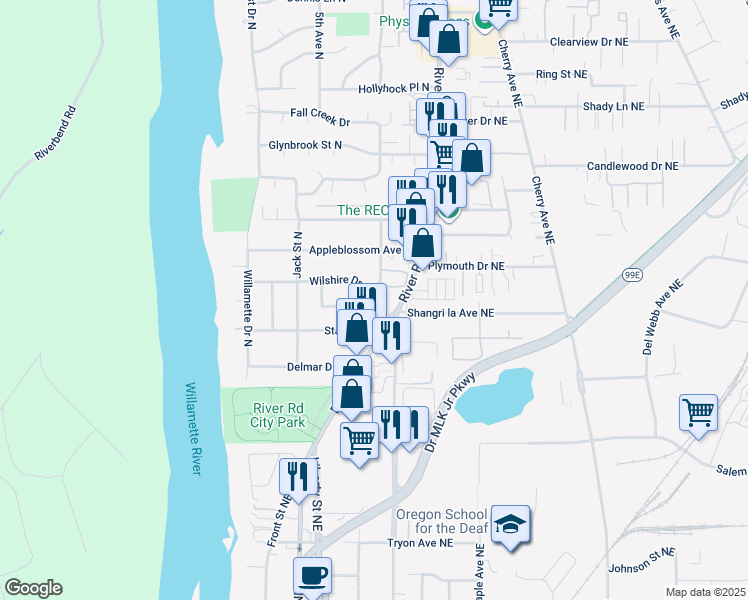 map of restaurants, bars, coffee shops, grocery stores, and more near 267 Wilshire Drive North in Salem