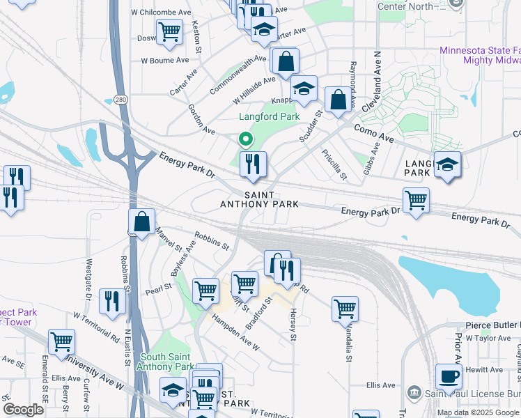 map of restaurants, bars, coffee shops, grocery stores, and more near in Saint Paul